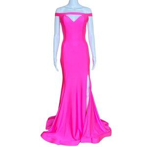 Jessica Angel 524 Off Shoulder Keyhole Maxi Mermaid Gown Neon Pink Size XXS NWT